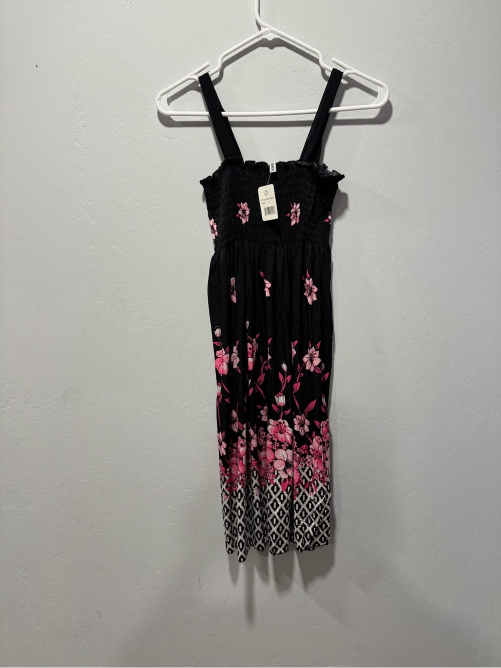 Smocked midi Black Sundress with Pink Floral Print size large (8-10)